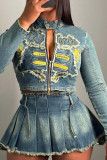 Blue Vintage Print Patchwork Buttons Zipper O Neck Long Sleeve Regular Denim Jacket