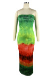 Red Green Sexy Print Patchwork Strapless Long Dresses