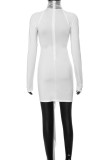White Casual Solid Hollowed Out Patchwork See-through Fold Mesh Turtleneck Wrapped Skirt Dresses