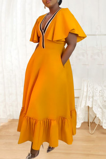 Yellow Casual Patchwork Pocket V Neck A Line Plus Size Dresses