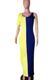 Yellow Street Solid Patchwork U Neck Short Sleeve Floor Length Dresses