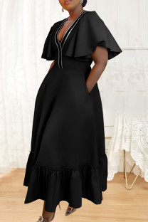 Black Casual Patchwork Pocket V Neck A Line Plus Size Dresses
