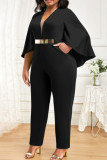 Black Sweet Solid Patchwork V Neck Plus Size Jumpsuits(No Belt)