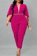 Rose Red Sweet Solid Patchwork V Neck Plus Size Jumpsuits(No Belt)