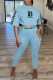 Light Blue Casual Street Print Letter O Neck Short Sleeve Two Pieces
