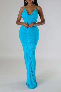 Blue Elegant Solid Patchwork Fold Halter Long Dresses