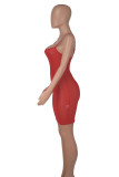 Red Sexy Solid Patchwork See-through Mesh Spaghetti Strap Sling Dresses