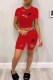 Red Casual Print Ripped Letter O Neck Short Sleeve Two Pieces