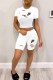 White Casual Print Ripped Letter O Neck Short Sleeve Two Pieces