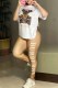 Khaki Elegant Character Print Letter O Neck Short Sleeve Two Pieces