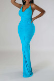 Blue Elegant Solid Patchwork Fold Halter Long Dresses