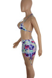 Blue Purple Sexy Print Patchwork Draw String Halter Sleeveless Two Pieces