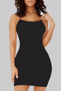 Black Sexy Solid Patchwork See-through Mesh Spaghetti Strap Sling Dresses