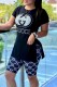 Black Casual Print Slit Letter O Neck Short Sleeve Two Pieces