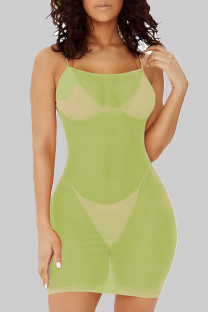 Fluorescent Green Sexy Solid Patchwork See-through Mesh Spaghetti Strap Sling Dresses