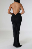 Black Elegant Solid Patchwork Fold Halter Long Dresses