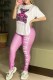 Pink Elegant Character Print Letter O Neck Short Sleeve Two Pieces
