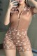 Khaki Casual Print Letter Turndown Collar Rompers