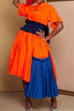 Orange Elegant Patchwork Buttons Turndown Collar A Line Dresses