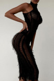 Black Street Solid Patchwork See-through O Neck Long Dresses