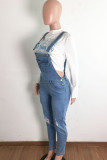 Baby Blue Casual Street Solid Ripped Patchwork Pocket Sleeveless Regular Denim Jumpsuits