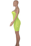 Fluorescent Green Sexy Solid Patchwork See-through Mesh Spaghetti Strap Sling Dresses