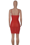 Red Sexy Solid Patchwork See-through Mesh Spaghetti Strap Sling Dresses