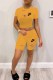 Yellow Casual Print Ripped Letter O Neck Short Sleeve Two Pieces