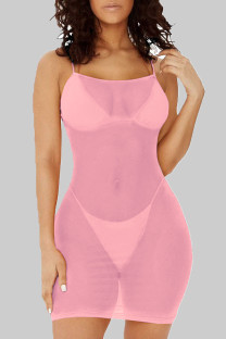 Pink Sexy Solid Patchwork See-through Mesh Spaghetti Strap Sling Dresses