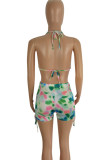 Green Blue Sexy Print Patchwork Draw String Halter Sleeveless Two Pieces