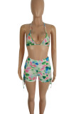 Green Sexy Print Patchwork Draw String Halter Sleeveless Two Pieces