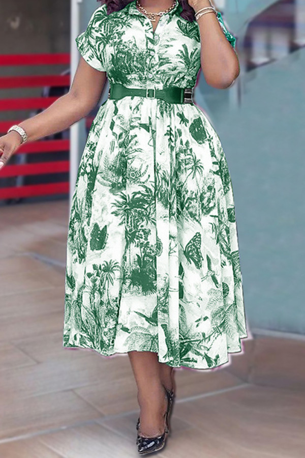 Green Sweet Print Patchwork Buckle With Belt Turndown Collar A Line Plus Size Dresses