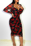 Red Sexy Floral Patchwork Asymmetrical Collar Wrapped Skirt Dresses