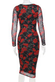 Red Sexy Floral Patchwork Asymmetrical Collar Wrapped Skirt Dresses