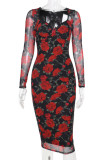 Red Sexy Floral Patchwork Asymmetrical Collar Wrapped Skirt Dresses