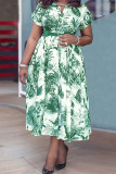Green Sweet Print Patchwork Buckle With Belt Turndown Collar A Line Plus Size Dresses