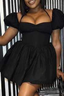 Black Sexy Solid Patchwork Halter A Line Dresses