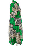 Green Sweet Print Bandage Patchwork Zipper O Neck A Line Plus Size Dresses