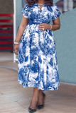 Blue Sweet Print Patchwork Buckle With Belt Turndown Collar A Line Plus Size Dresses