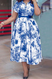 Peacock Blue Sweet Print Patchwork Buckle With Belt Turndown Collar A Line Plus Size Dresses