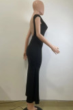 Black Elegant Solid Patchwork Backless O Neck Long Dresses
