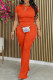 Tangerine Red Casual Solid Patchwork O Neck Short Sleeve Two Pieces