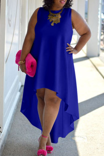 Blue Casual Solid Patchwork O Neck Irregular Plus Size Dresses