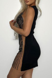 Black Sexy Hot Drilling Patchwork See-through Mesh O Neck Wrapped Skirt Dresses