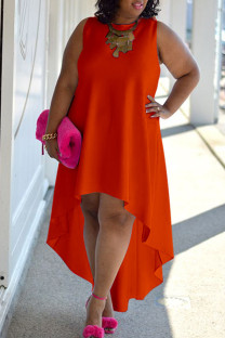 Tangerine Red Casual Solid Patchwork O Neck Irregular Plus Size Dresses