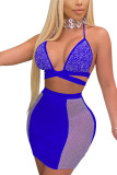 Blue Sexy Solid Patchwork Spaghetti Strap Sleeveless Short Two Pieces