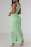 Light Green Elegant Solid Hollowed Out Patchwork Buckle U Neck Sleeveless Two Pieces