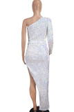 White Sexy Solid Sequins Patchwork High Opening Oblique Collar Irregular Dresses