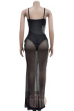 Black Elegant Solid Patchwork See-through High Opening Mesh Hot Drill Spaghetti Strap Sling Dresses