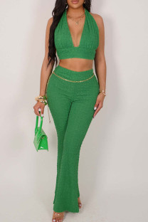 Green Sexy Solid Bandage Patchwork Halter Sleeveless Two Pieces